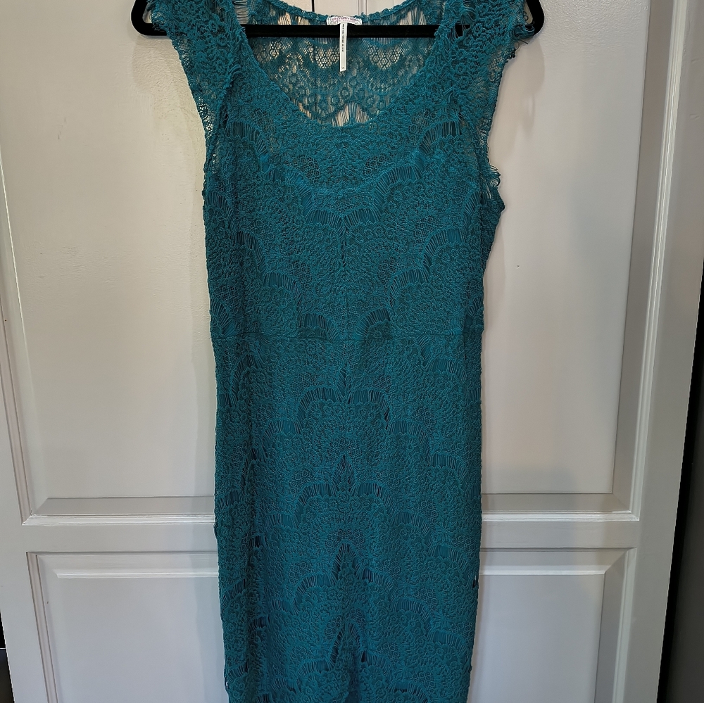 Free People Teal Embellished Sheath Midi Dress